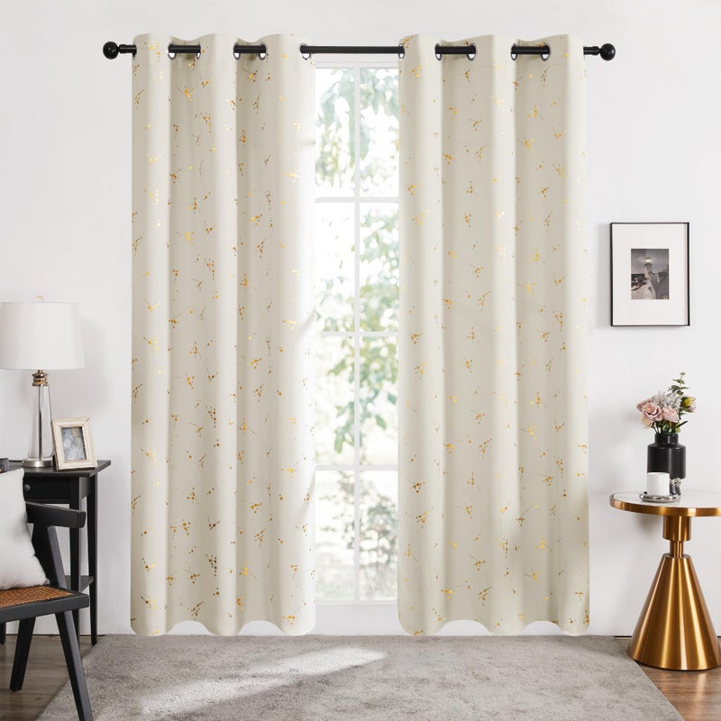 Deconovo Blackout Curtains 2 Panels for Bedroom and Living Room, Gold Foil Floral Branch and Dots, Thermal Insulated Room Darkening Grommet Window Drapes for Nursery, Light Beige, 42W x 72L Inch - Image 2